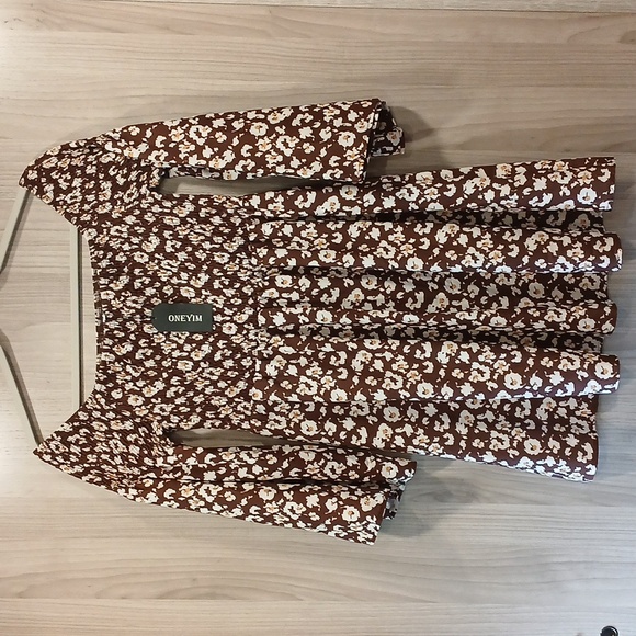 NWT ONEYIM Brown Floral Mini Dress Size: Medium - Picture 3 of 12
